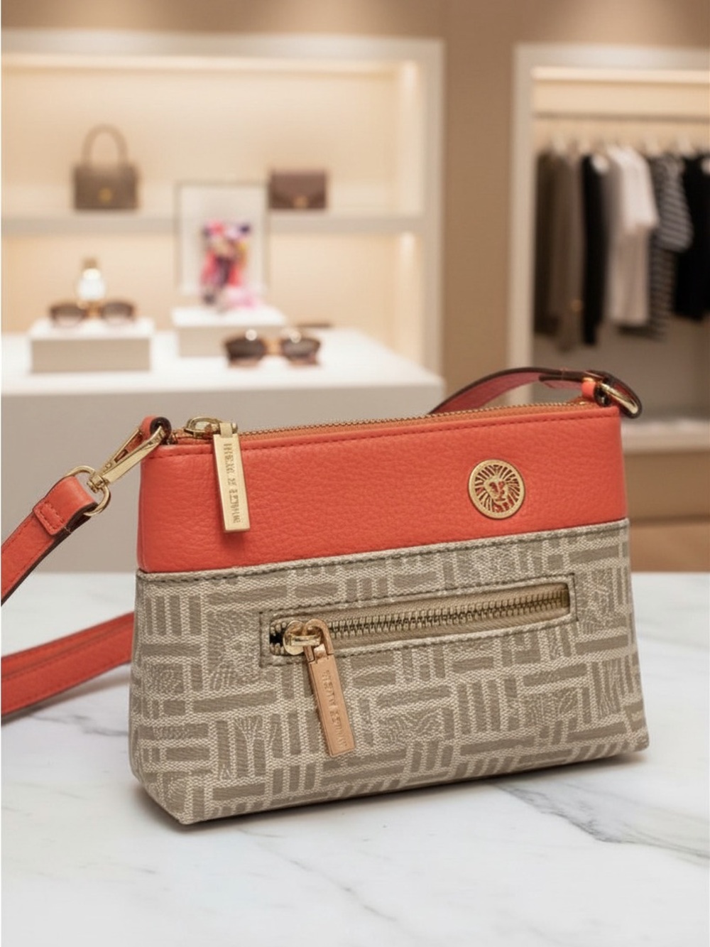 Anne Klein Beige Pattern Crossbody with Coral Trim & Gold‎ Accents